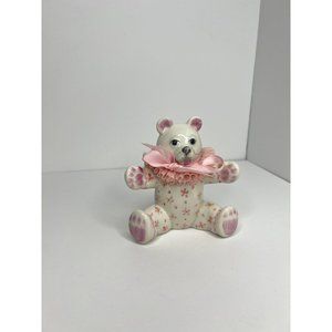 Irish Dresden Porcelain Figurine Pink Bear Lace Collar 4"